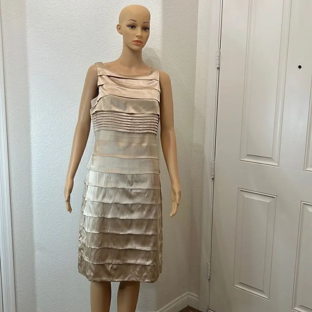 Tricot Silk Dress Gold Scoop Neck Sleeveless Layered Slimming Midi Pearl Buttons